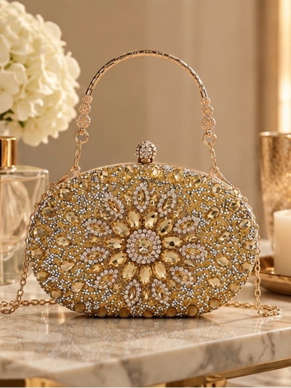 Anthropologie Gold Jeweled Floral Evening Clutch